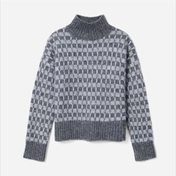 EVERLANE The Cloud Sweater XS Wool Blend Checkered Turtleneck Gray Charcoal - Picture 2 of 8